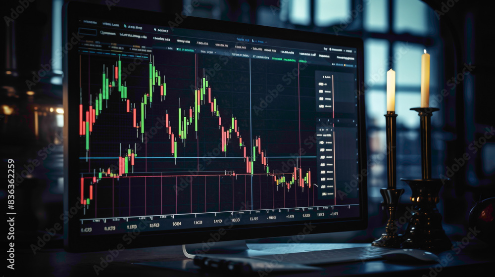 A detailed shot of candlestick charts on a monitor, showcasing the interplay between bullish and bearish movements in the financial markets. A detailed shot of candlestick charts on a monitor, showcasing the interplay between bullish and bearish movements in the financial markets.