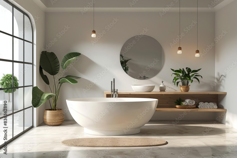 Fototapeta premium A spacious Japandi bathroom with white walls and polished concrete floors The room features a large freestanding bathtub with a matte white finish