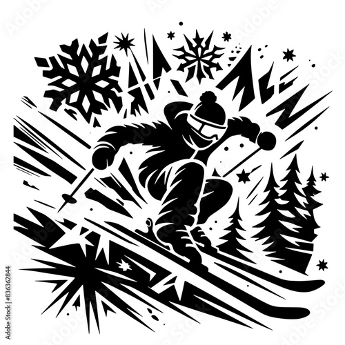 Cartoon Black and White Isolated Illustration Vector Of A Person Skiing Down A Mountain with Trees and Snowflakes