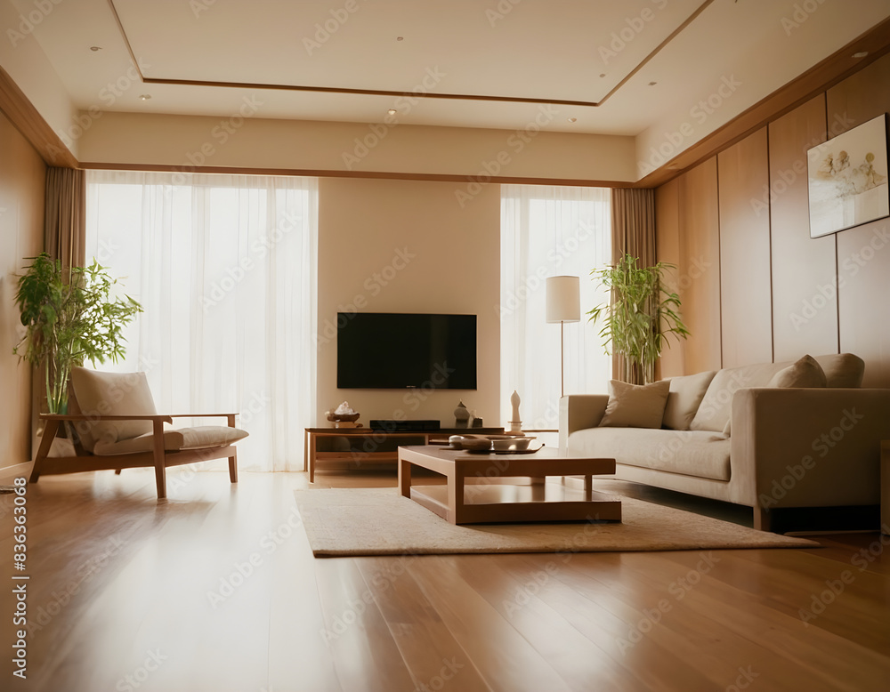 Elegant and spacious living room with natural light, comfortable furniture, wooden accents, and a serene minimalist design aesthetic Elegant and spacious living room with natural light, comfortable furniture, wooden accents, and a serene minimalist design aesthetic