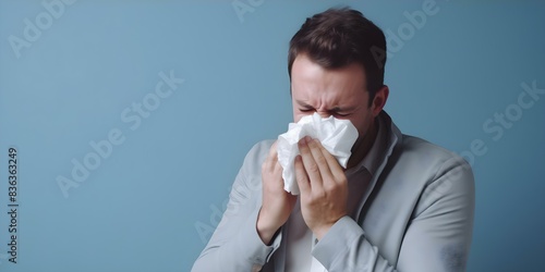 Man with allergic rhinitis uses nasal drops and handkerchief for symptoms. Concept Allergic Rhinitis, Nasal Drops, Handkerchief, Allergies Management, Symptoms Relief