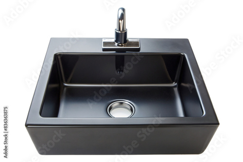 Modern black kitchen sink with faucet - A contemporary styled black kitchen sink with a sleek faucet, isolated on a transparent background