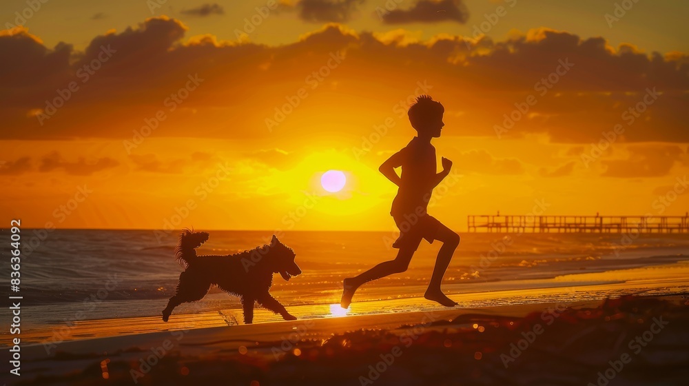 Obraz premium A boy running with his dog on the beach at sunset, creating a beautiful and joyful moment against the vibrant orange and yellow sky.