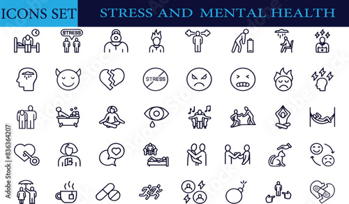 Stress and Mental Health Line Icon Set. Anxiety, Overworked, Depression, Psychology. Mindfulness icons set outline vector. Mind stress. Relax peace