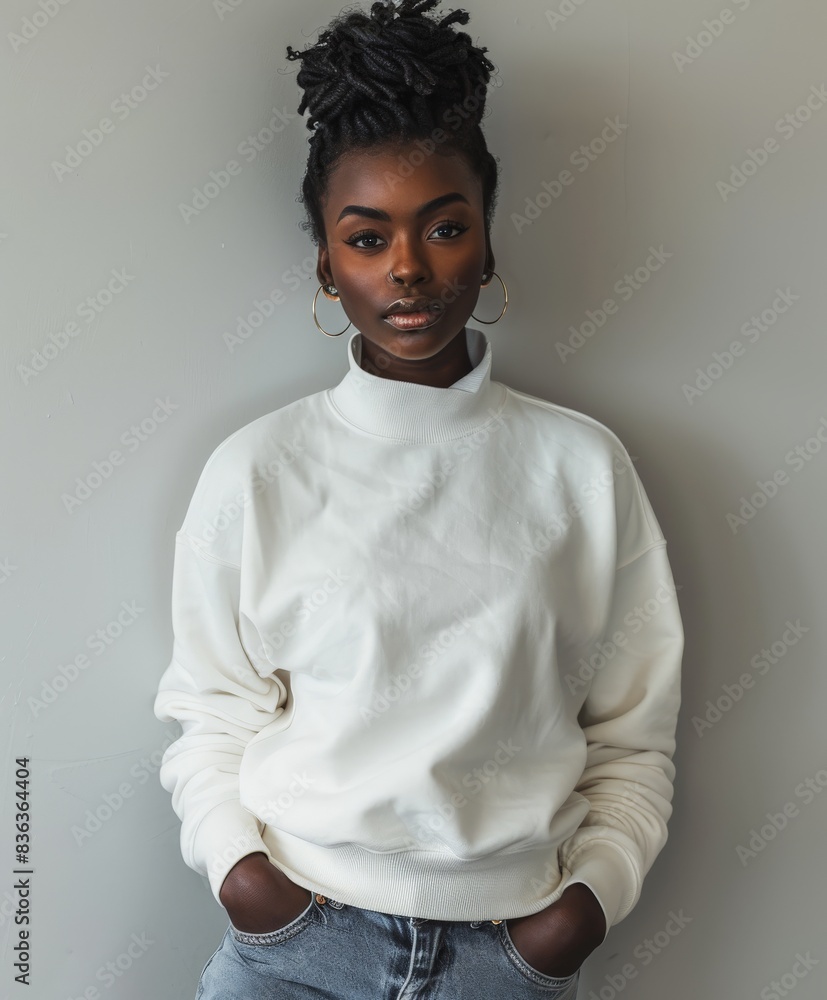 Obraz premium Stylish Black Woman in a White Sweatshirt Posing Against a Grey Wall