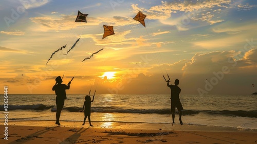Family flying kites on the beach at sunset. Vibrant skies and golden hour reflections create a perfect moment of joy and togetherness.
