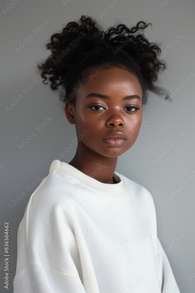Black Woman in White Sweatshirt Posing Against Gray Background Black Woman in White Sweatshirt Posing Against Gray Background