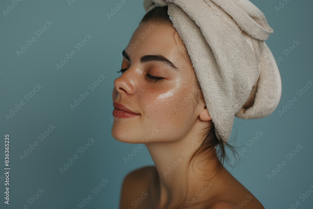 A close up of a woman after having a shower with her eyes closed looking to a side A close up of a woman after having a shower with her eyes closed looking to a side
