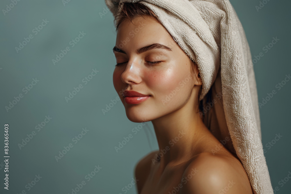 A close up of a woman after having a shower with her eyes closed looking to a side A close up of a woman after having a shower with her eyes closed looking to a side