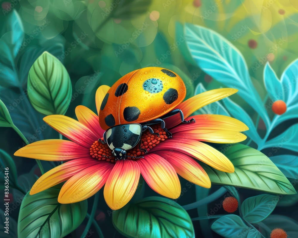 Close-up of a colorful ladybug resting on a vibrant flower with lush green leaves in the background. Close-up of a colorful ladybug resting on a vibrant flower with lush green leaves in the background.