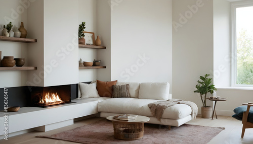 Modern living room interior featuring a stylish white sofa  fireplace  wooden accessories  and indoor plants creating a warm  inviting space