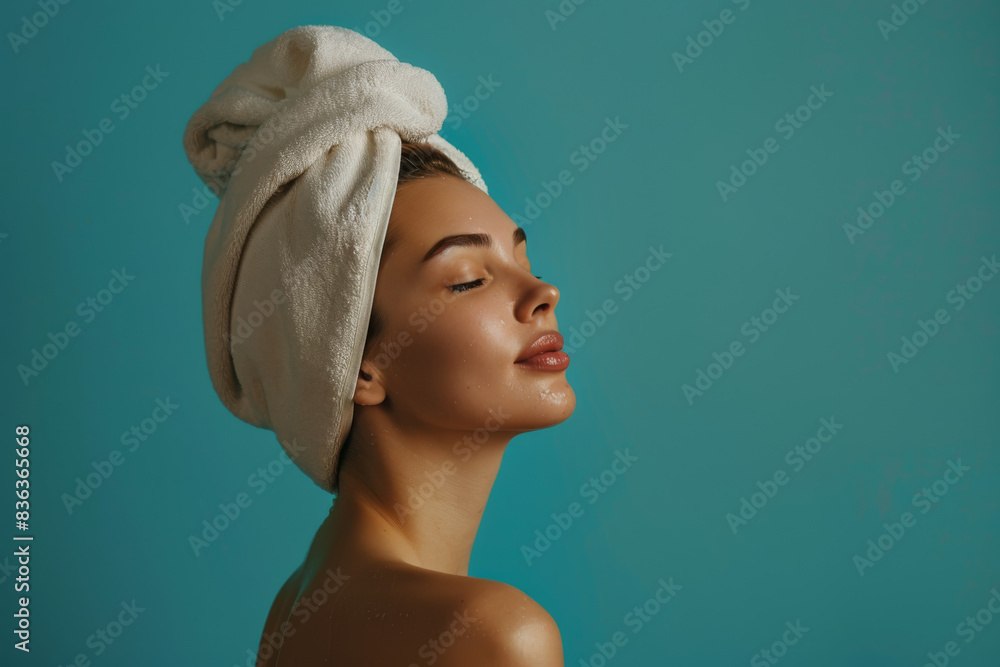 A close up of a woman after having a shower with her eyes closed looking to a side A close up of a woman after having a shower with her eyes closed looking to a side