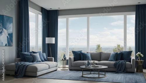 Stylish  modern living room with luxurious sofas  a spacious window overlooking a scenic forest  and sophisticated furnishings