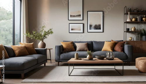 Modern living room with a grey sofa, stylish decor, elegant furnishings, and cozy neutral tones illuminated by natural light