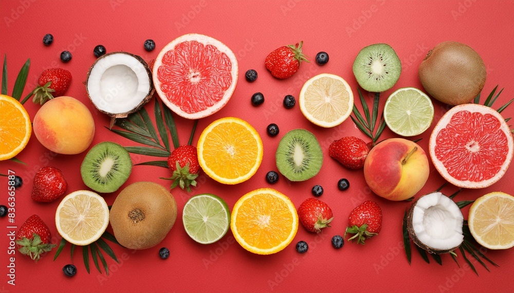 Red background with a summer fruit mix Red background with a summer fruit mix