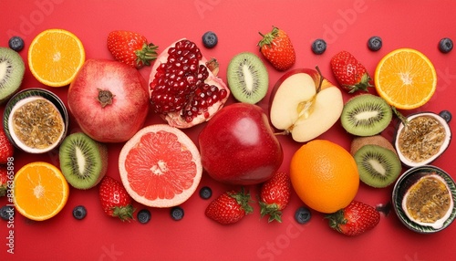 Red background with a summer fruit mix