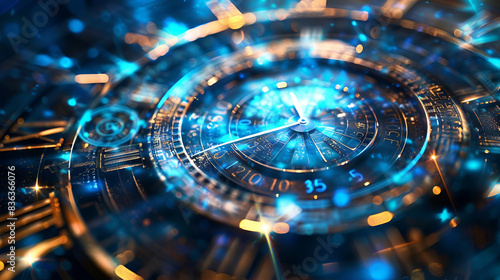 Wallpaper Mural A detailed view of a clock featuring roman numerals set against a blue backdrop Torontodigital.ca