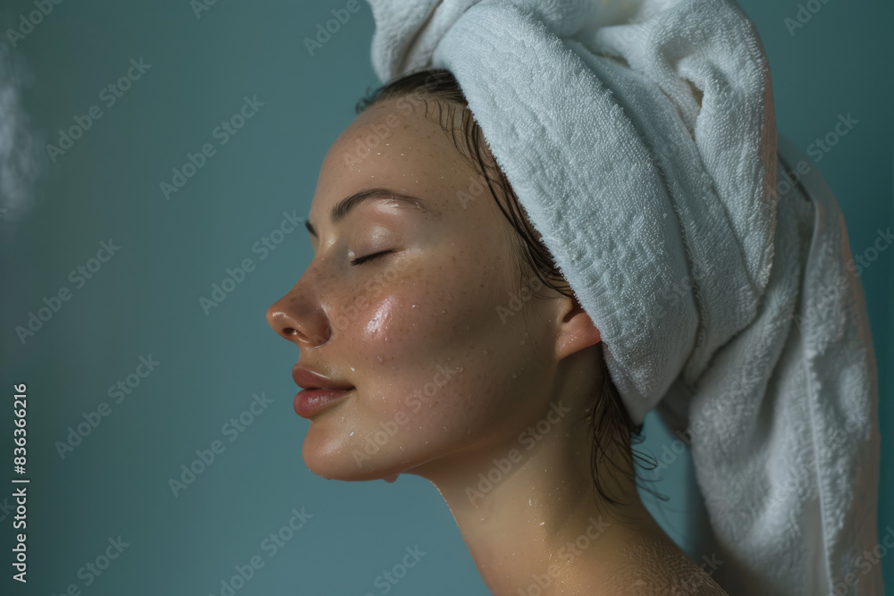 A close up of a woman after having a shower with her eyes closed looking to a side A close up of a woman after having a shower with her eyes closed looking to a side