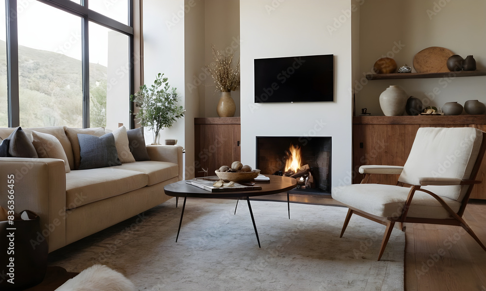 Fototapeta premium Contemporary living room interior with a cozy fireplace, stylish furniture, and stunning decor with a view of scenic hills