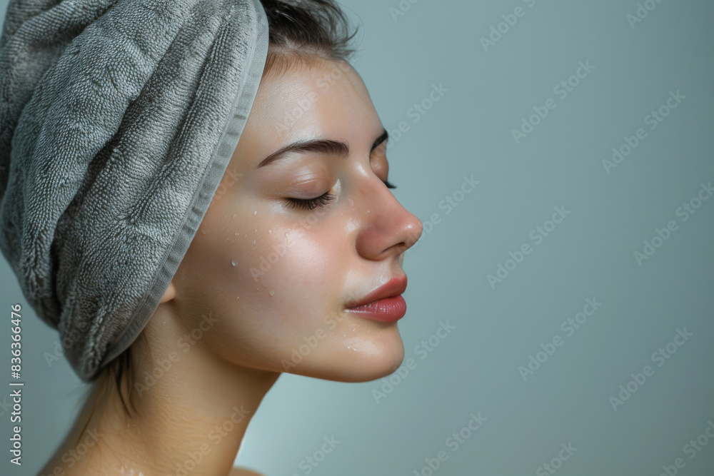 A close up of a woman after having a shower with her eyes closed looking to a side A close up of a woman after having a shower with her eyes closed looking to a side