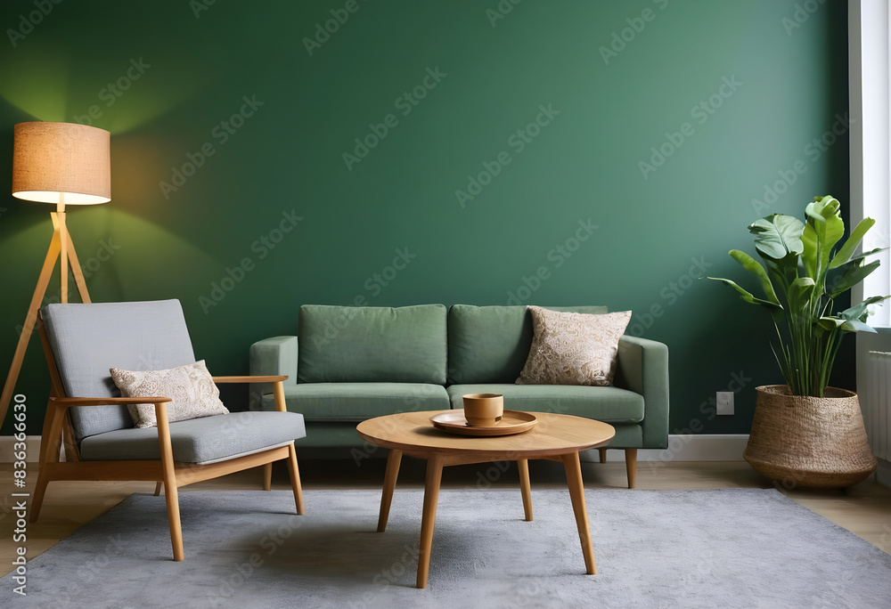 Chic and understated living room interior with a green sofa, wooden furnishings, and a potted plant Chic and understated living room interior with a green sofa, wooden furnishings, and a potted plant