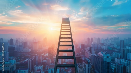 A surreal ladder extends into the sky above a bustling cityscape, illuminated by a vibrant, radiant sunrise against a dramatic sky.