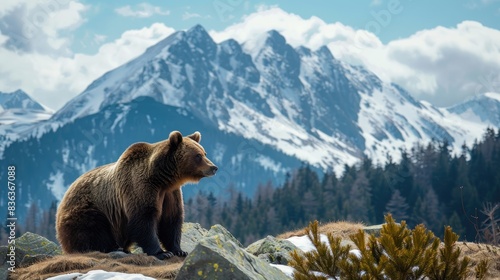 Meeting a brown bear in the snowy mountains of the Western Tatras during a spring trip Bears emerging from hibernation in the Slovak mountains during winter outdoors photo