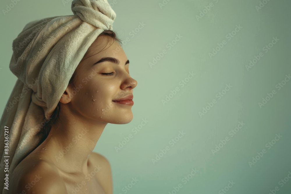 A close up of a woman after having a shower with her eyes closed looking to a side A close up of a woman after having a shower with her eyes closed looking to a side
