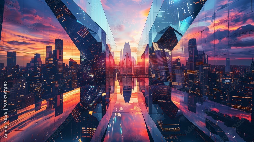 Φωτογραφία A futuristic twilight cityscape with shape-shifting buildings reflects a kaleidoscope of vibrant colors