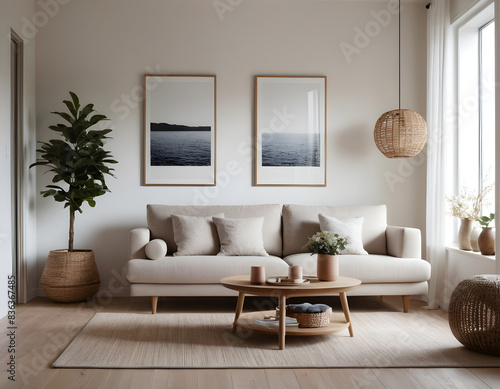 Elegant living room with a beige sofa  wicker accents  and framed ocean views  evoking a peaceful and serene interior design