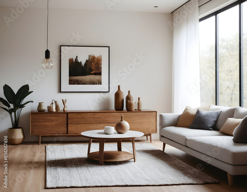 Inviting and elegant decor in a contemporary living space with a plush couch, wooden furnishings, and stylish home accents