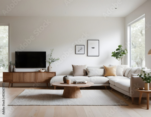Elegant living room with a cozy sofa, wooden decor, and art, illuminated by natural light streaming through expansive windows