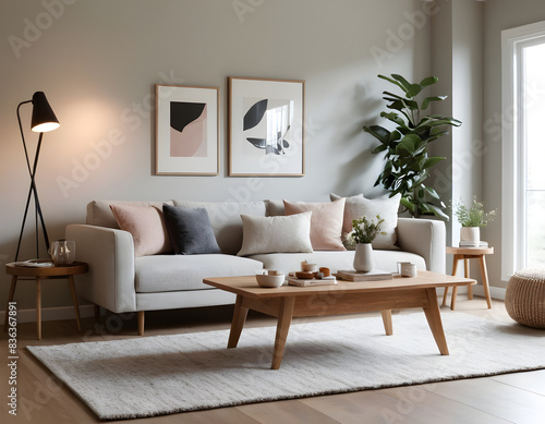 Inviting and cozy modern living room with comfortable sofa, stylish artwork, natural light, and green plants for a warm atmosphere
