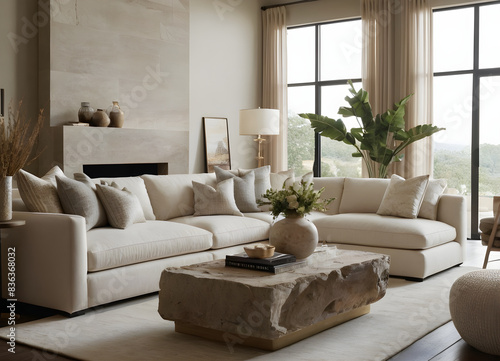 Luxurious sectional sofa, natural stone coffee table, and panoramic windows with a scenic view in a contemporary living room design