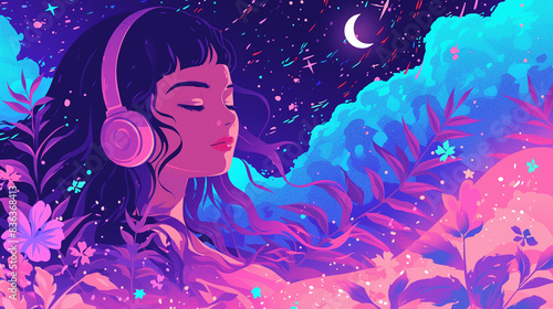 detailed lofi girl listening to sleeping music with headset in the sky with stars and moon, goodnight, purple iridescent colors, niji style photo