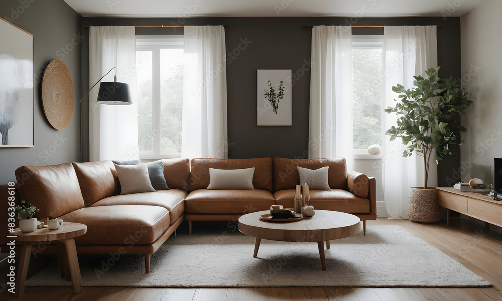 Modern living room interior featuring a comfortable leather sofa, wooden furniture, and large windows with sheer curtains in a cozy setting