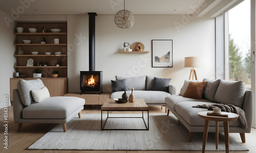 Inviting living room with a glowing fireplace, cozy couch, and calming neutral tones, illuminated by natural light