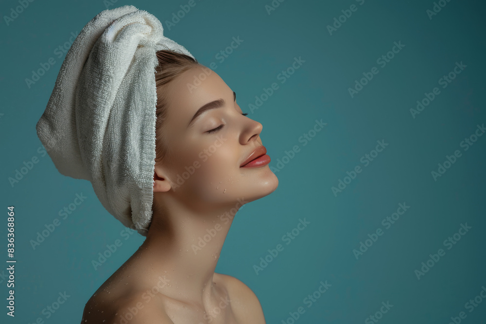 A close up of a woman after having a shower with her eyes closed looking to a side A close up of a woman after having a shower with her eyes closed looking to a side