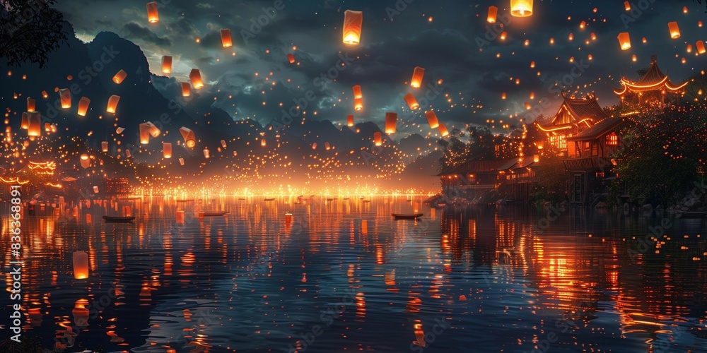 Fototapeta premium Community spirit at lantern festival, generative ai