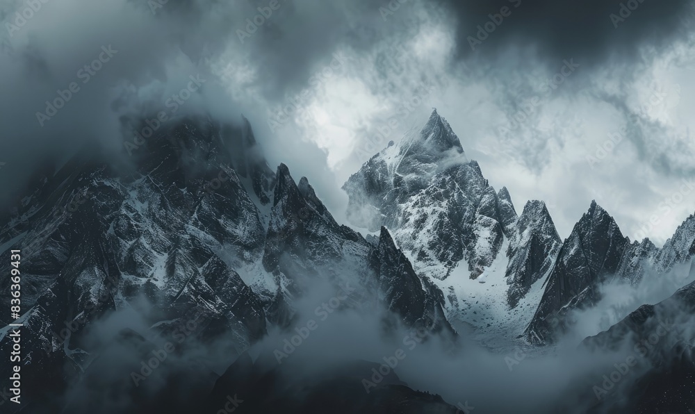 Raw Cinematic Landscape: Snow-Capped Mountain Peaks Under a Grey Sky with Dark Clouds – Captured with Sony Alpha A7 III in the Style of David Bales Raw Cinematic Landscape: Snow-Capped Mountain Peaks Under a Grey Sky with Dark Clouds – Captured with Sony Alpha A7 III in the Style of David Bales