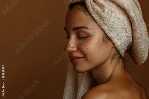 A close up of a woman after having a shower with her eyes closed looking to a side