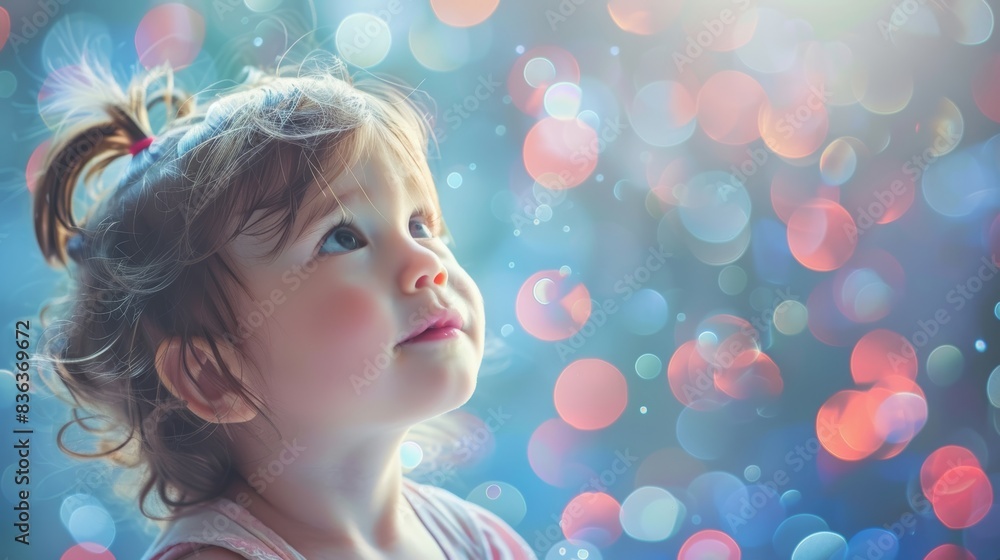 Young child with pigtails looks up against a bokeh background with soft lighting Young child with pigtails looks up against a bokeh background with soft lighting