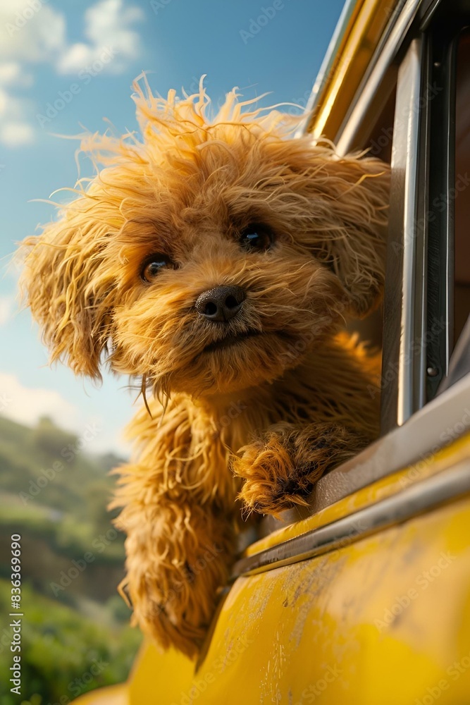 Φωτογραφία small dog sticking out of car window with mountainous landscape in the backgroun