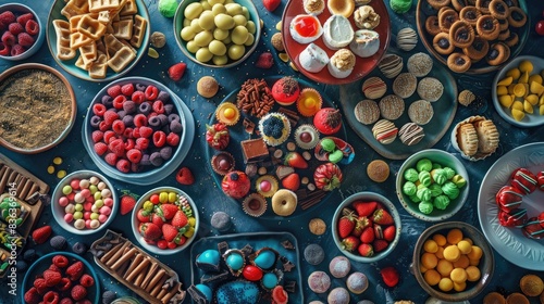 Colorful sweets on a table seen from above photo