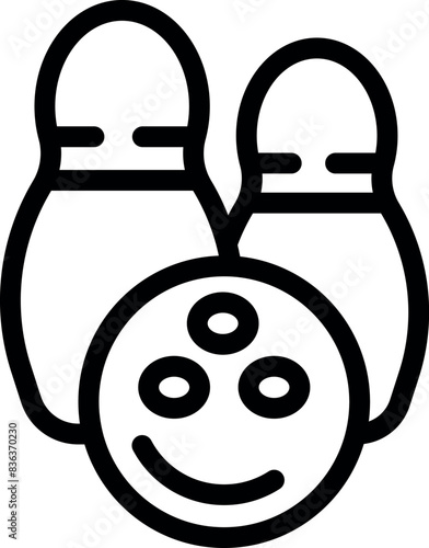 Simplified line art icon of a bowling ball and pins with a smiling face