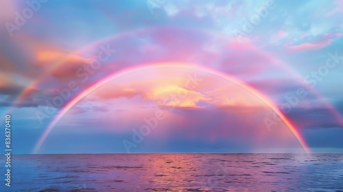 A vibrant rainbow arcs over the calm sea post-storm  symbolizing hope and renewal. Nature promises better days.