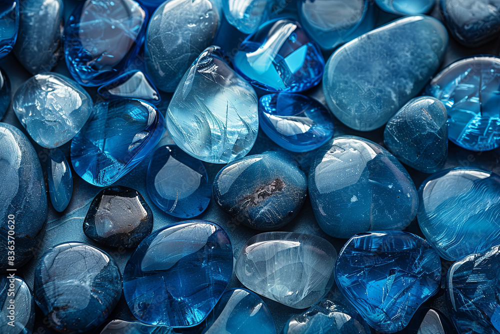Fototapeta premium Background of blue stones on a surface. The stones are of various sizes and shapes, and they appear to be arranged in a pattern
