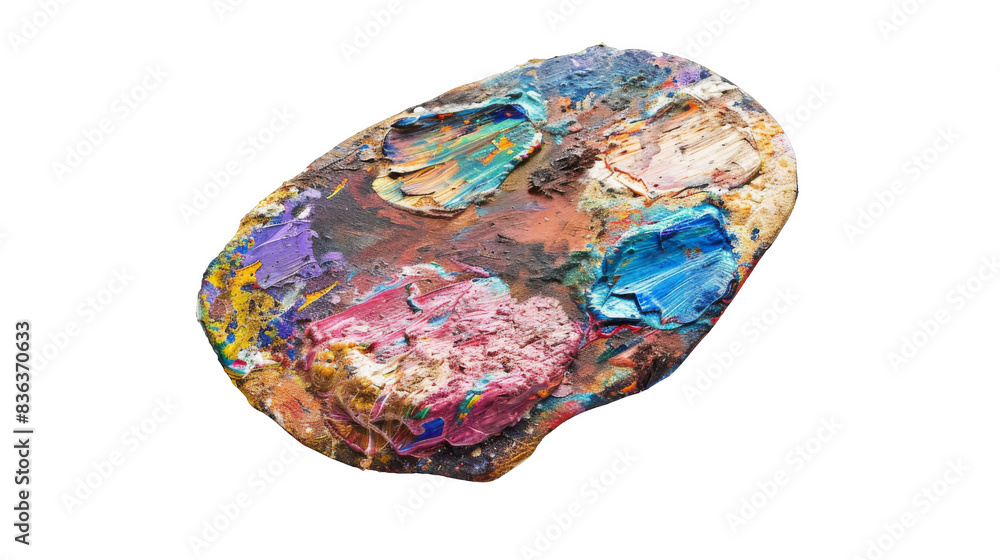 A used artist's palette with colorful paint swatches. A used artist's palette with colorful paint swatches.