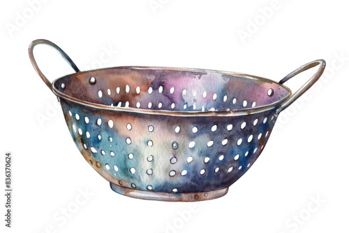 A watercolor illustration of a silver colander with two handles.