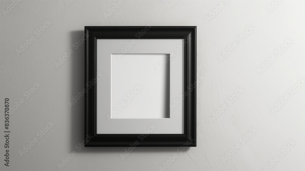 Classic black frame with white mat on plain white wall in minimalist interior Classic black frame with white mat on plain white wall in minimalist interior